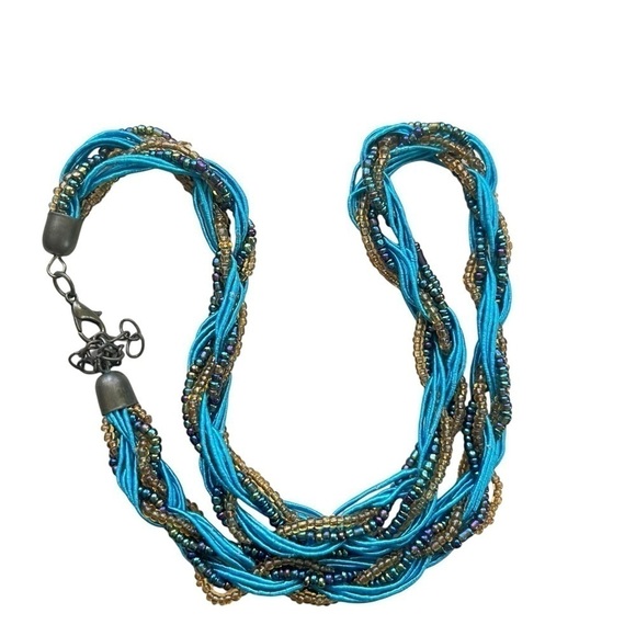 Braided vintage retro style turquoise gold and rainbow strands necklace 19 in - Picture 6 of 11